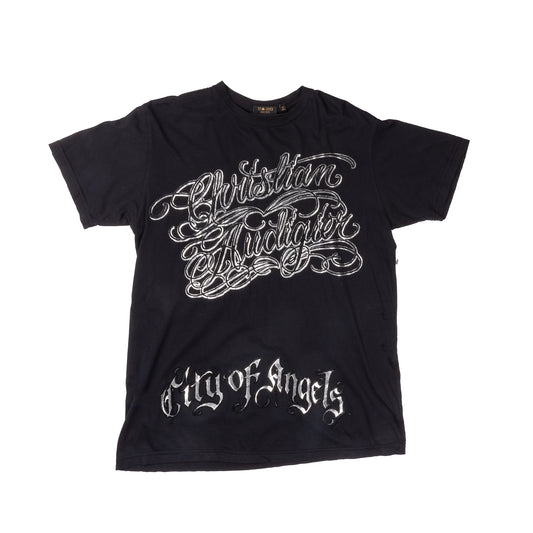 Chrisitan Audigier American Made Metallic Graphic Text T-Shirt